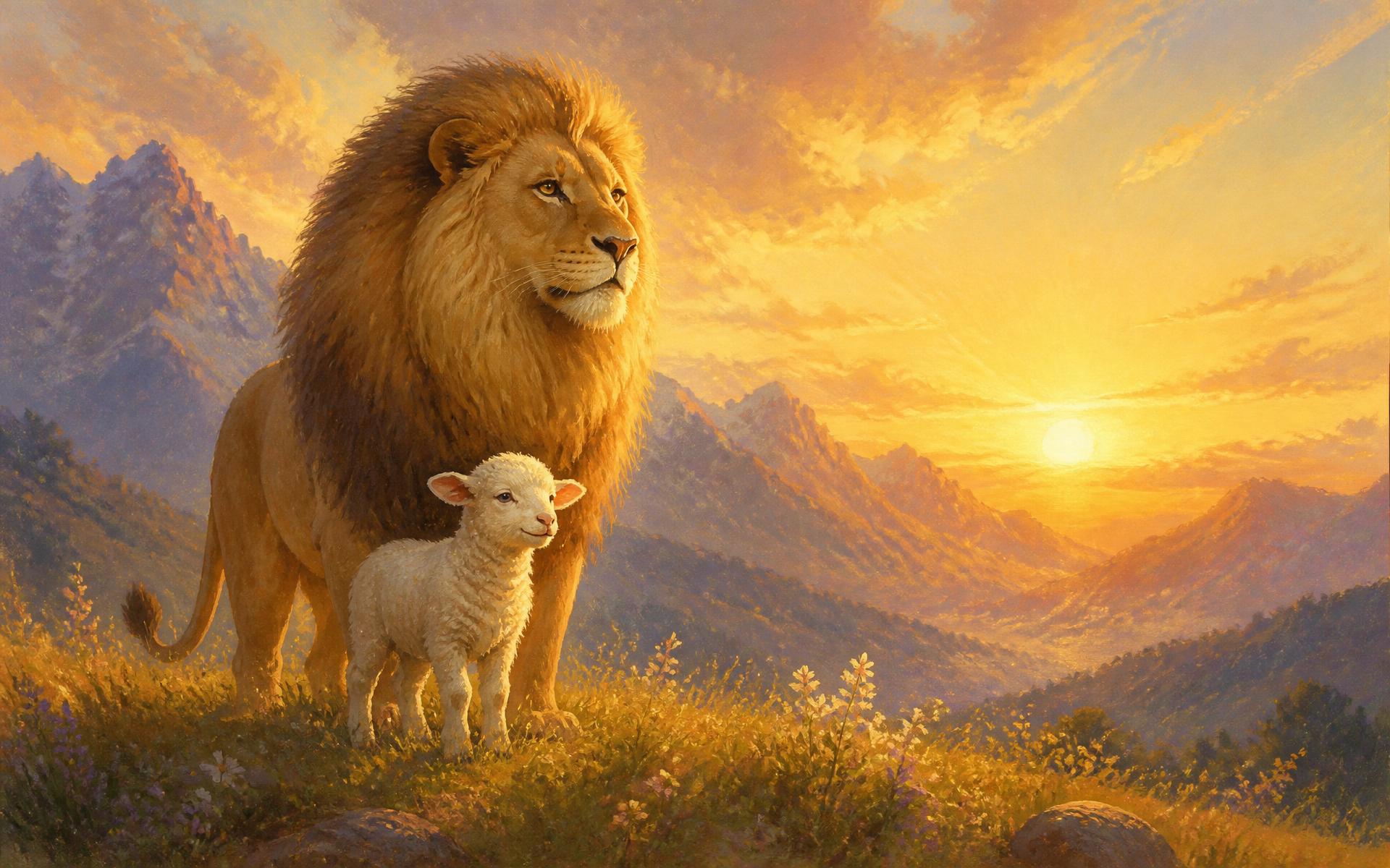 A lion standing beside a lamb in a mountain pasture at sunrise